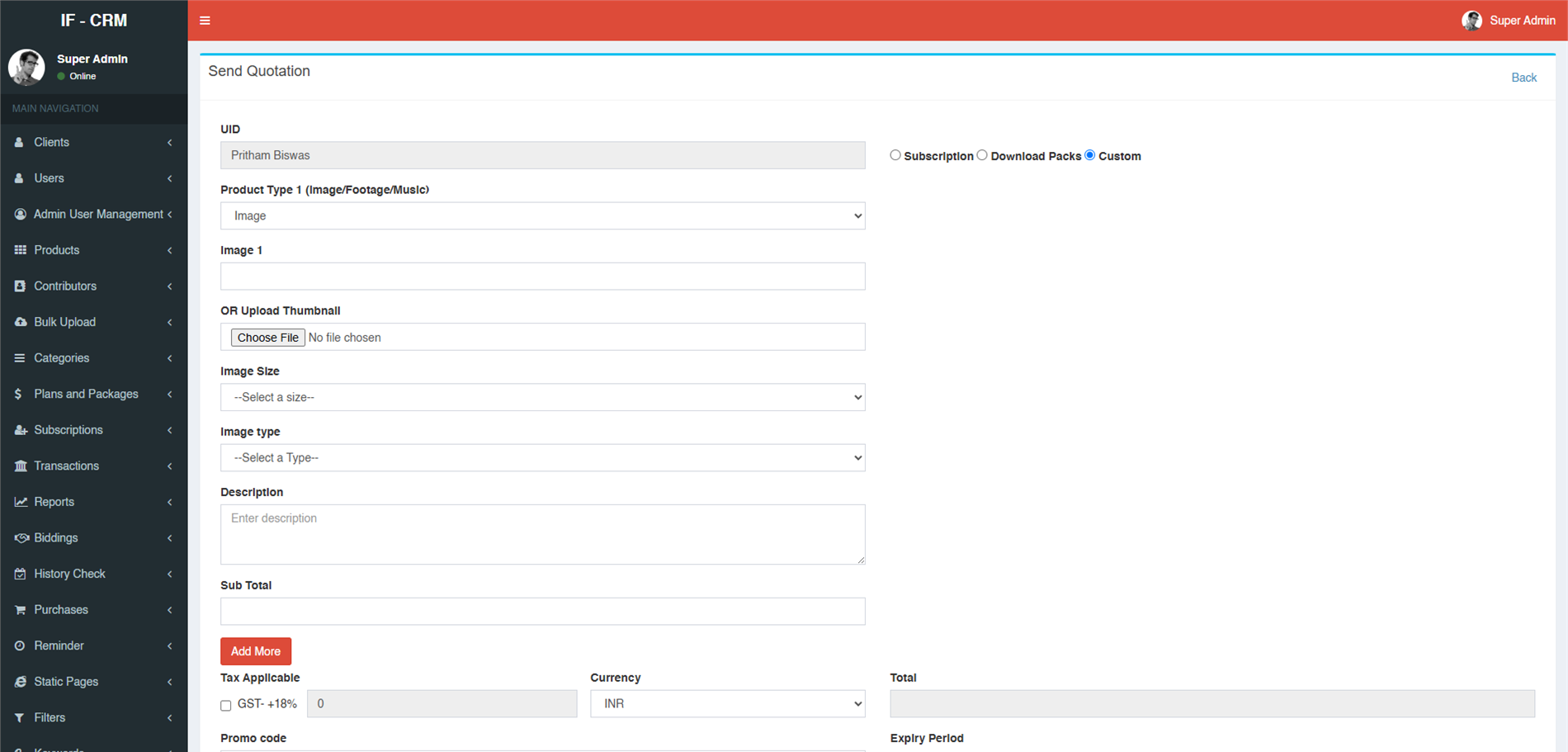ImageFootage CRM quotation detail