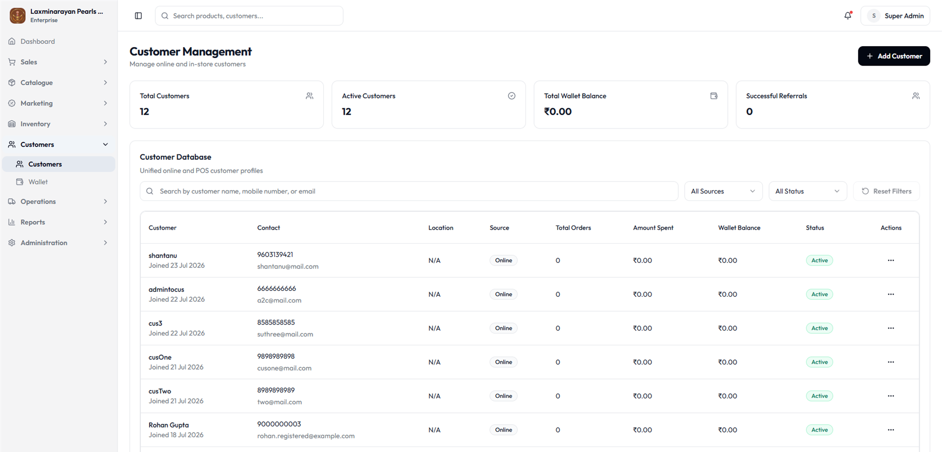 Customer management inside the admin platform