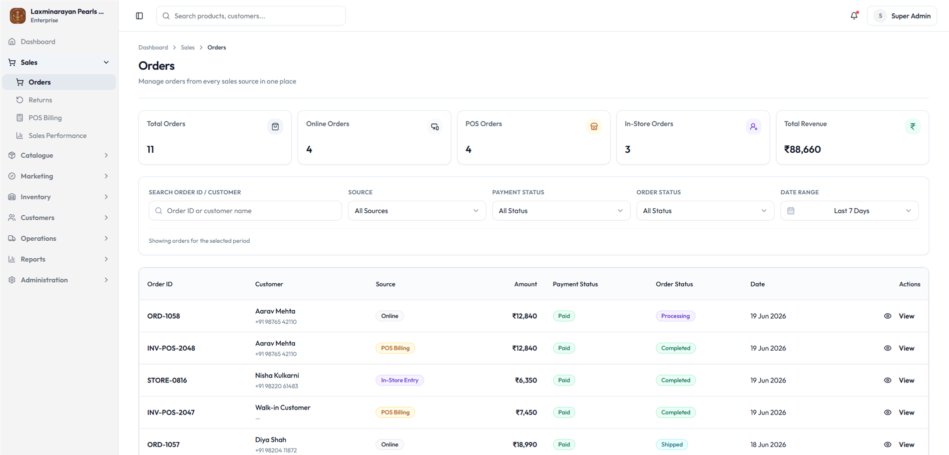 Admin order management for online and retail sales