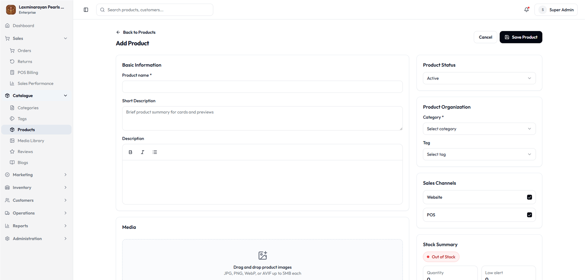 Admin product creation with variants and product details