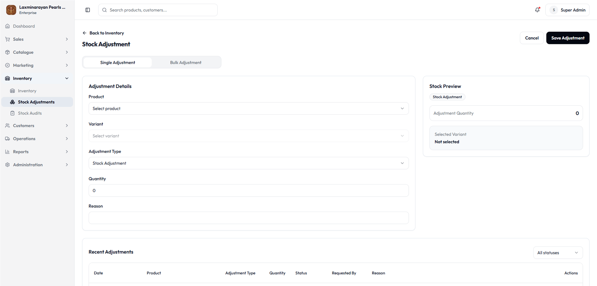 Admin stock adjustments and inventory transaction controls