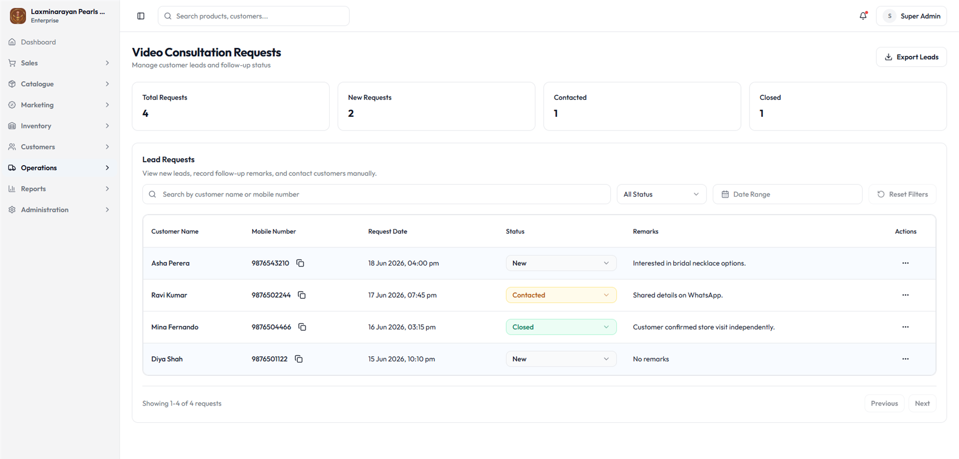 Video consultation management inside the admin platform