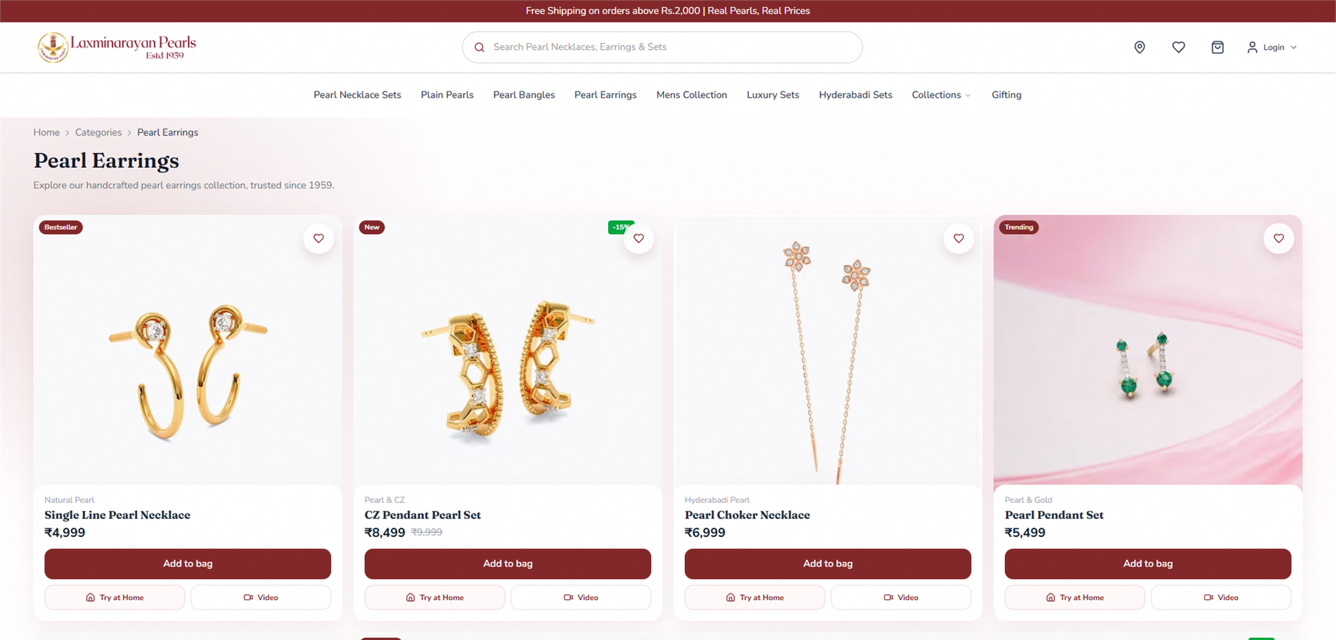 Laxminarayan Pearls customer category page