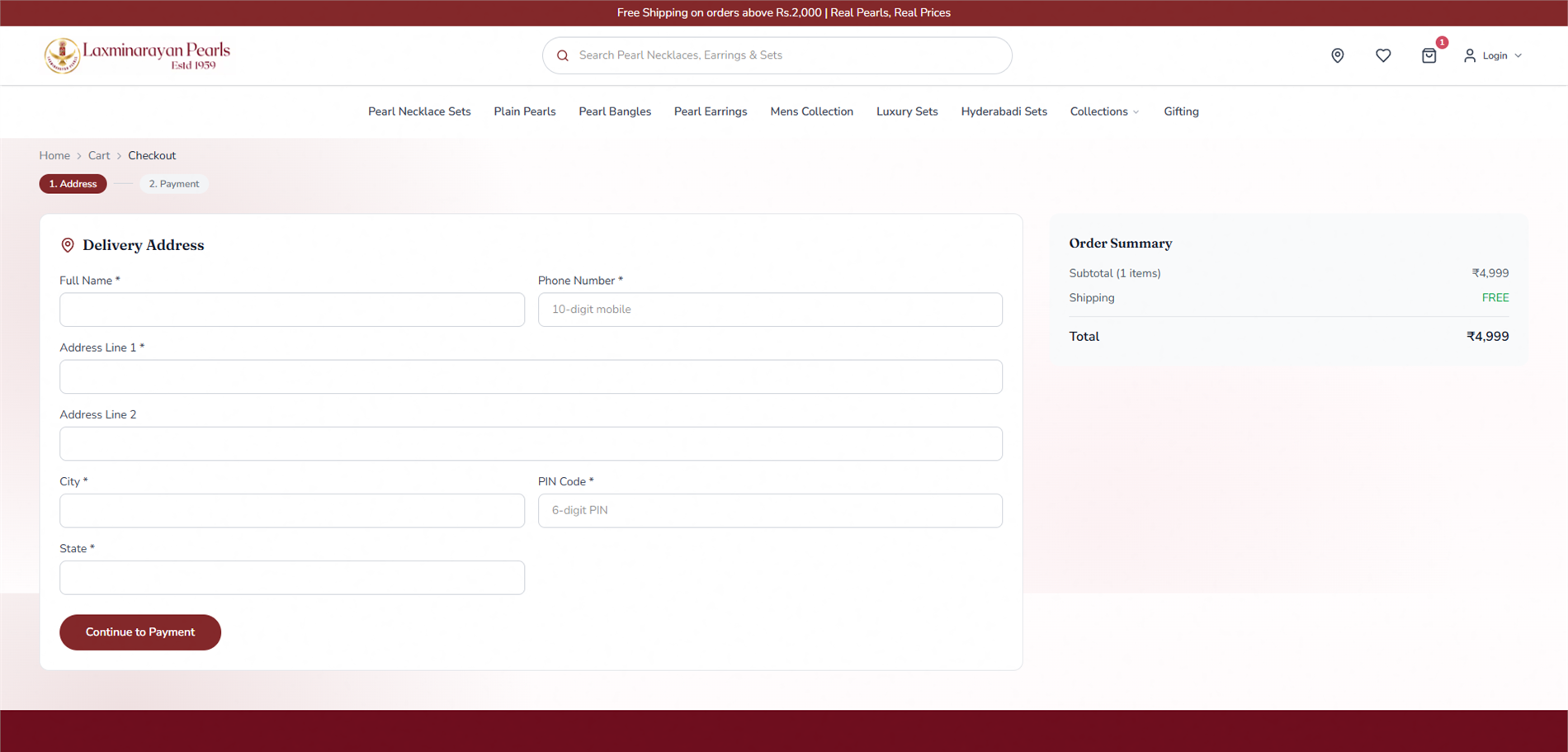 Customer checkout page for Laxminarayan Pearls
