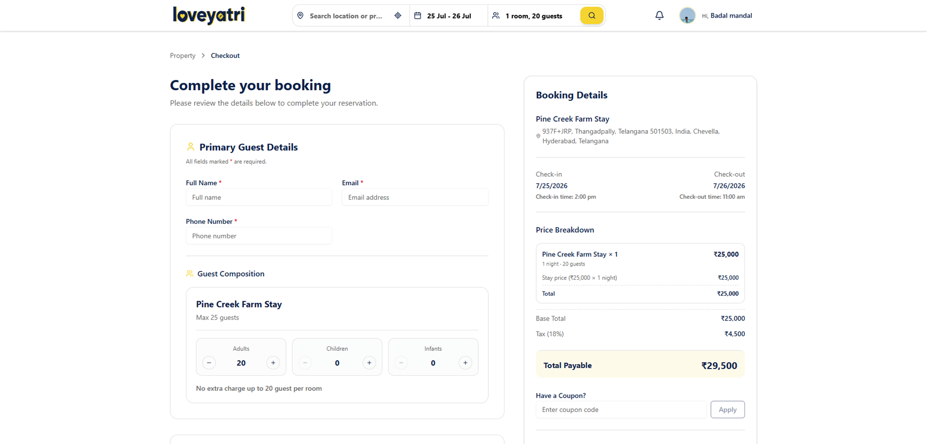Loveyatri booking checkout