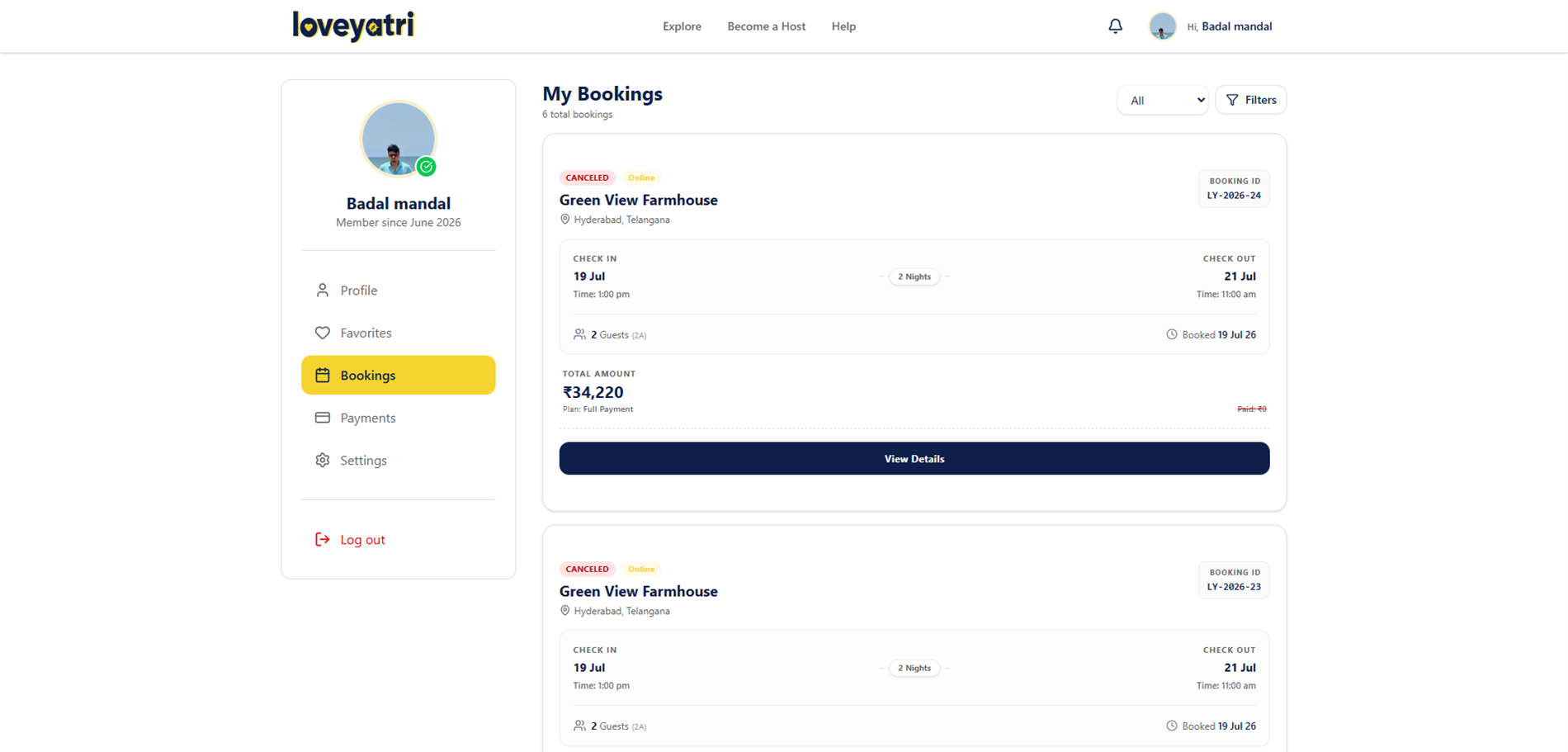 Loveyatri customer booking history
