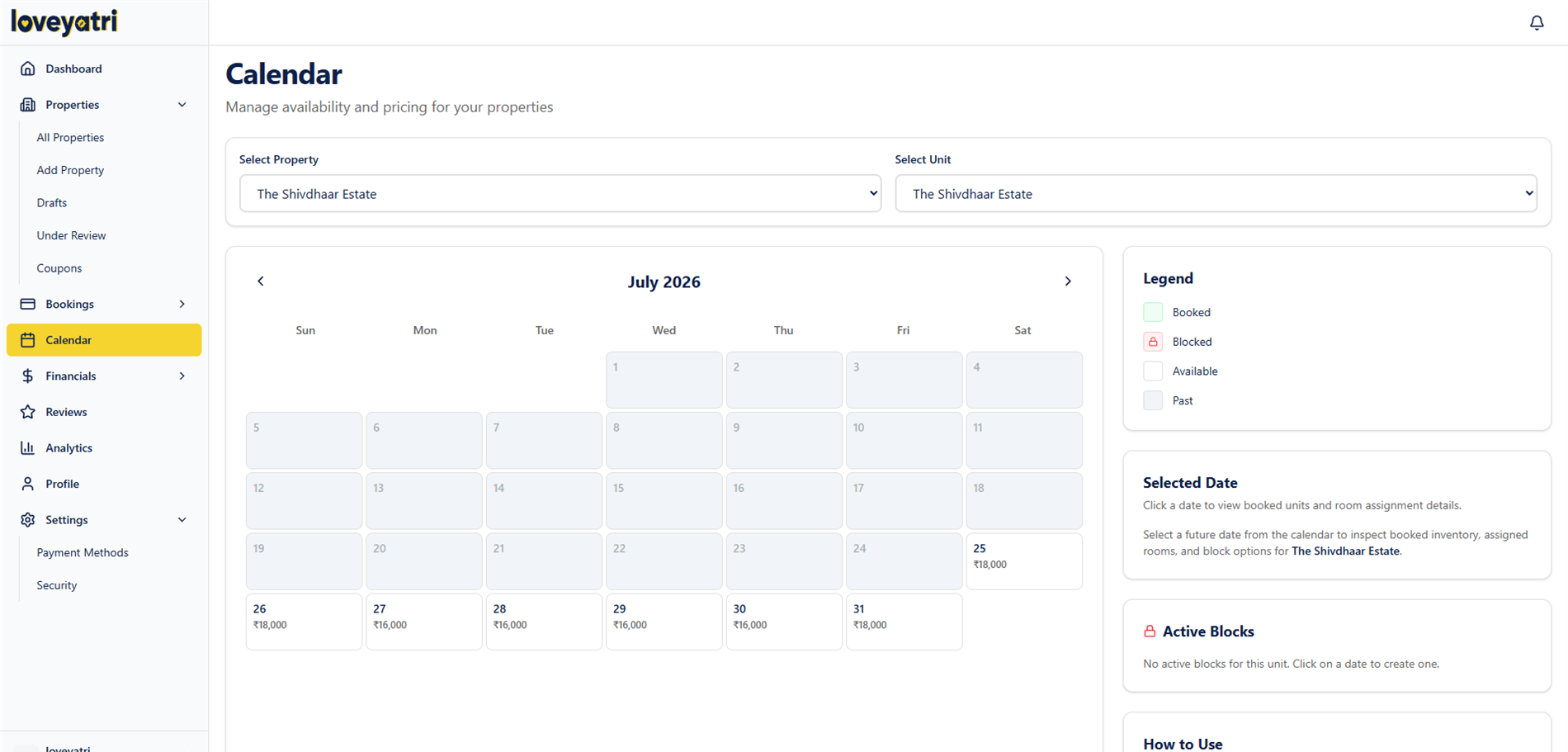 Loveyatri host availability calendar