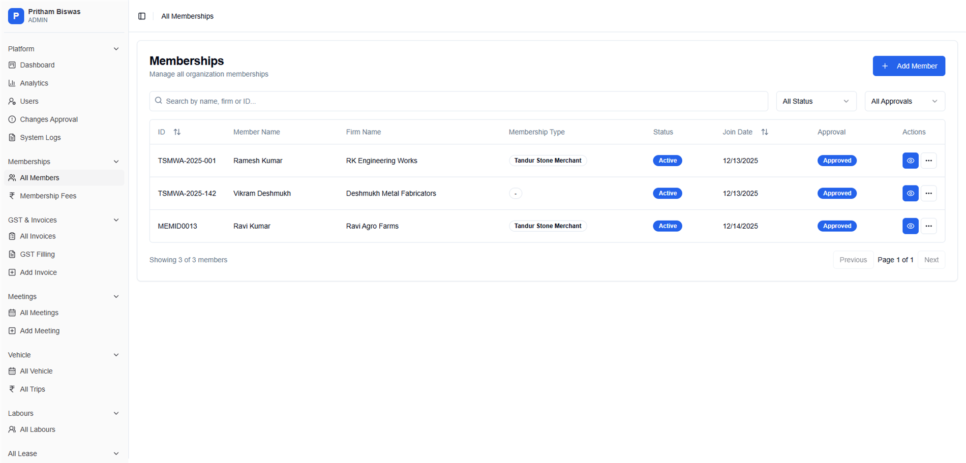 TSMWA: Association Management System interface